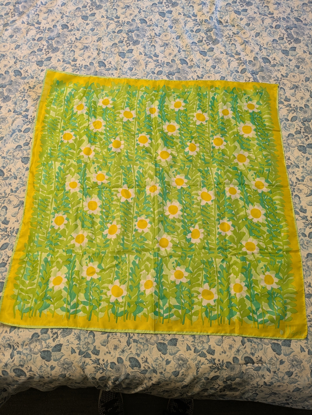 Vintage Yellow & Green Floral Daisy Silk Scarf - Lightweight Women's Wrap